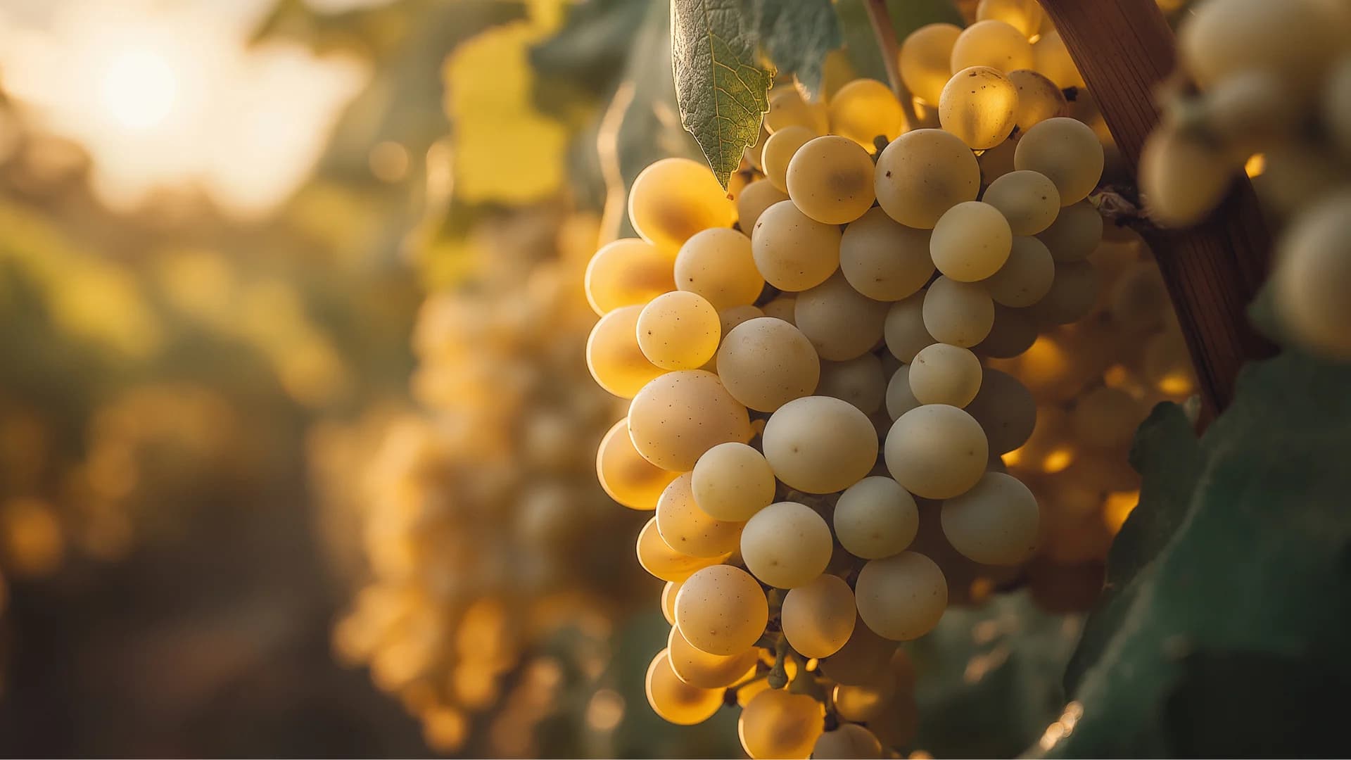 Close-up of grapes in a vineyard at sunset.
