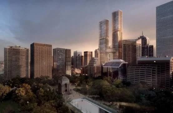 Sydney CBD skyline at dusk showing the twin 80 storey towers proposed at 338 Pitt Street