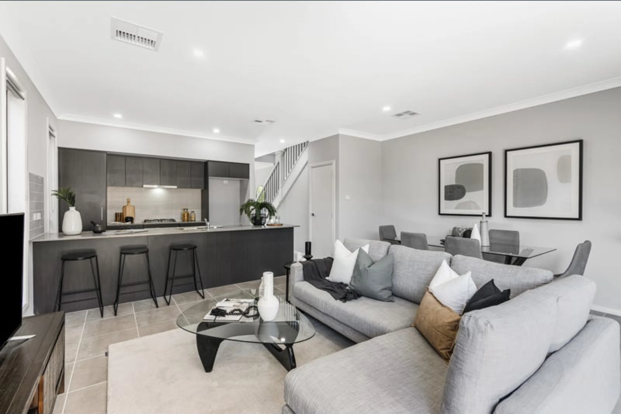 Interior living and kitchen space in a completed townhouse at Austral