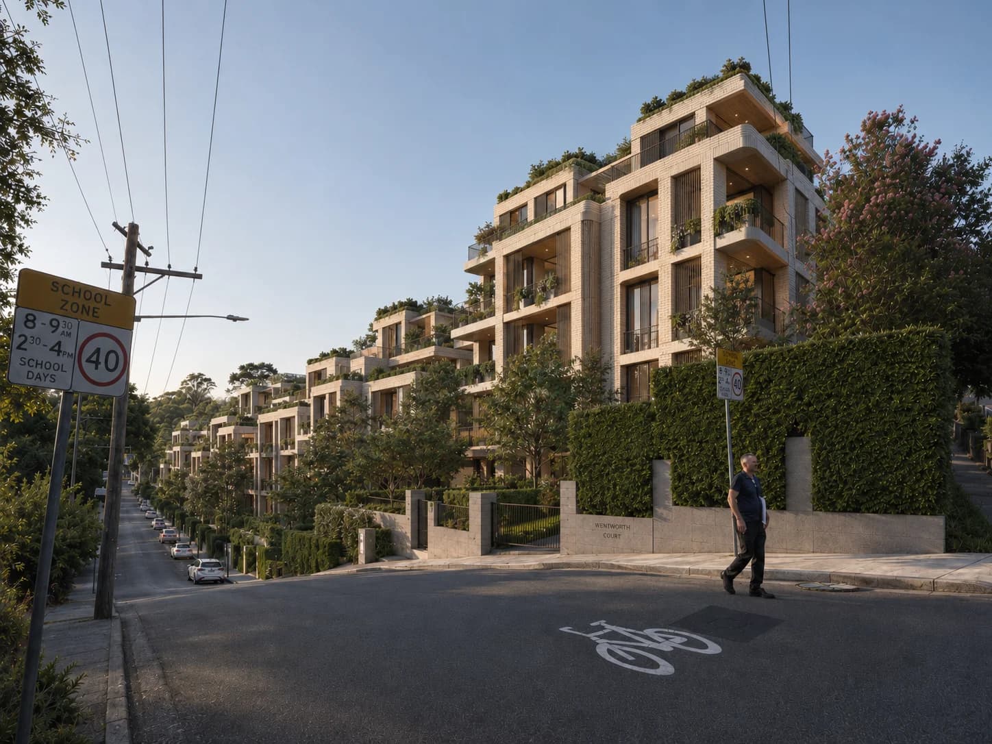 Exterior render of the proposed Hunters Hill residential building among landscaped streets