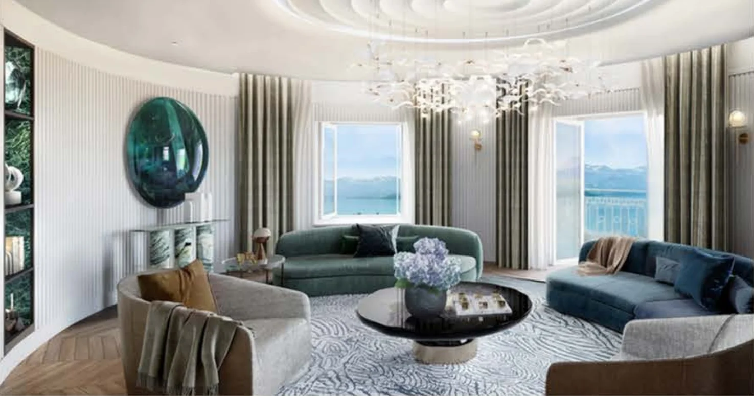 Lounge interior at Mandarin Oriental Palace, Luzern, with a view across Lake Lucerne