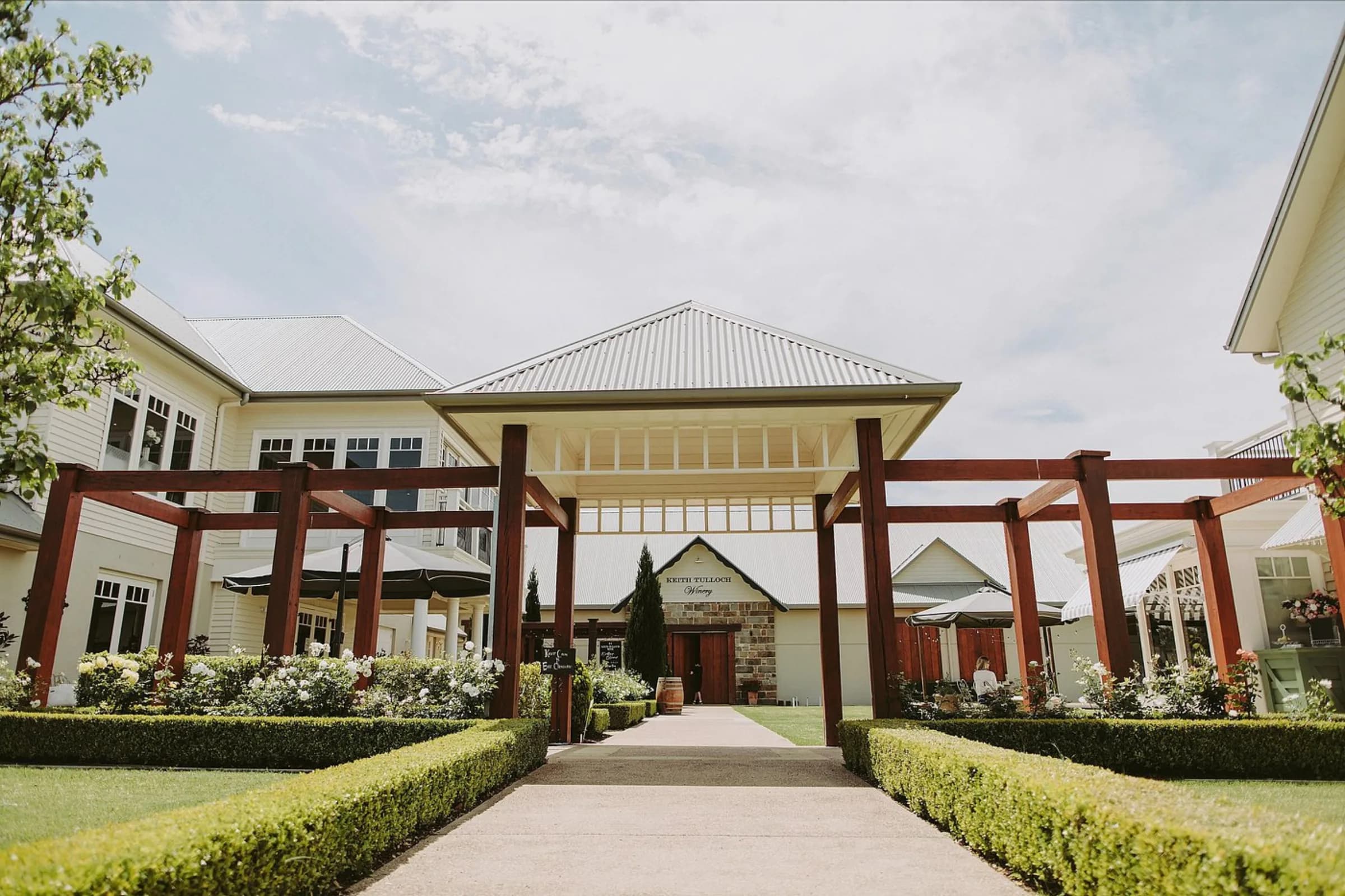 Winery entrance building at dusk, 989 Hermitage Rd, Pokolbin