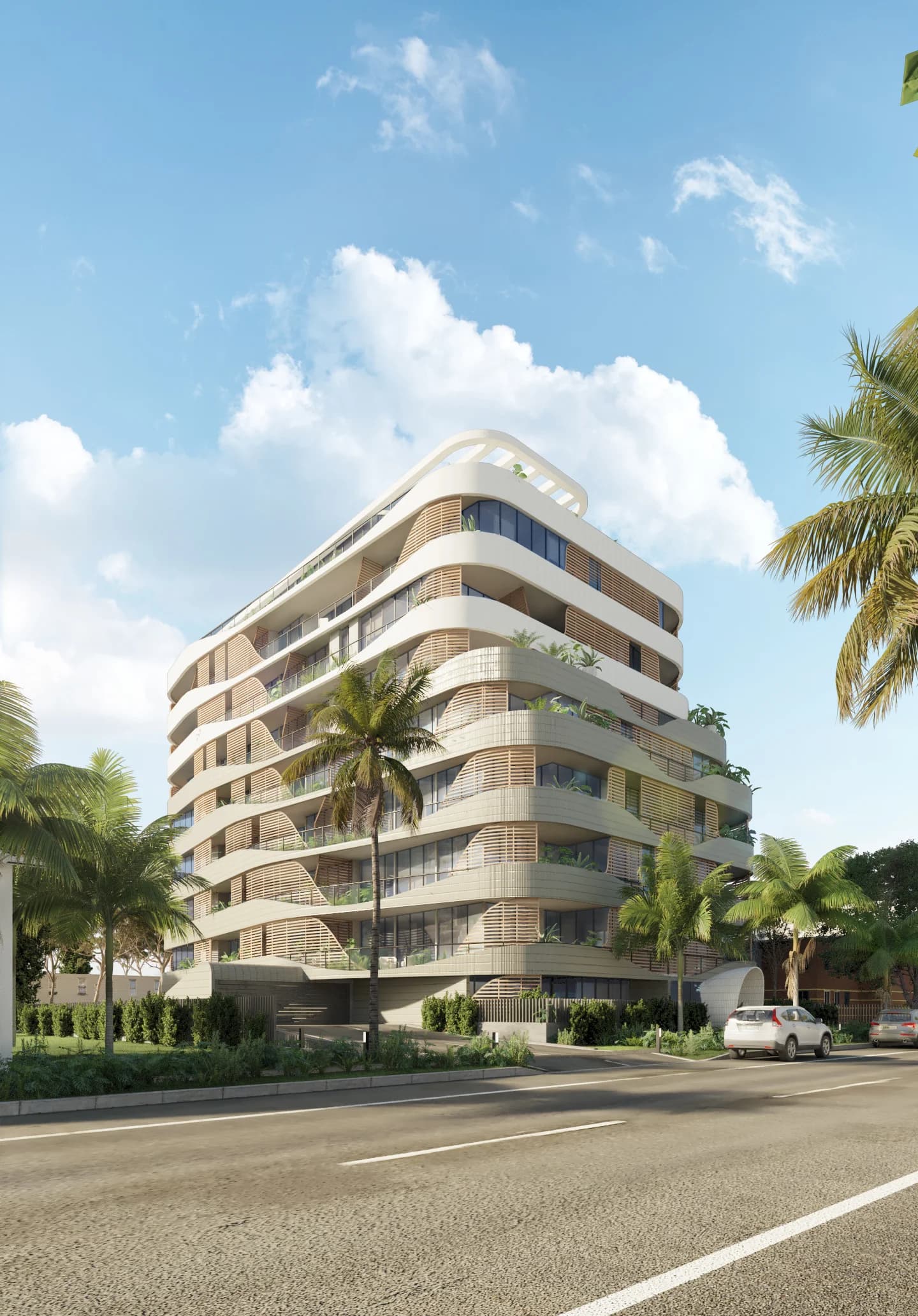 Exterior render of the proposed Tweed Heads residential building with curved balconies and palm trees at dusk