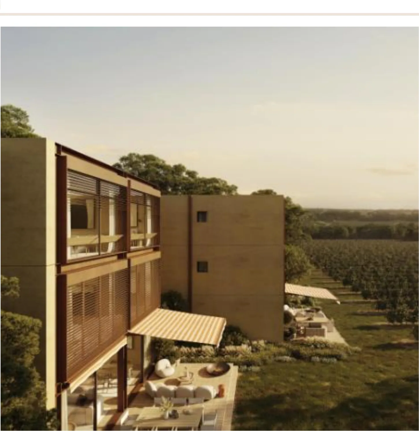 La Petit Maison accommodation building render overlooking the vineyard