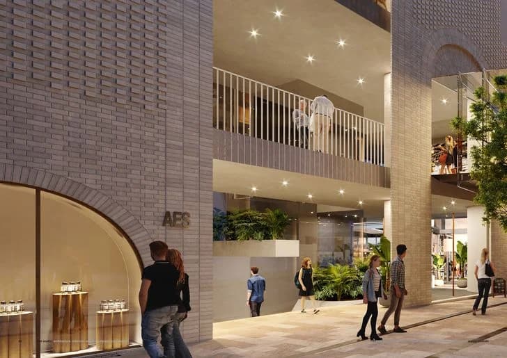 Ground level retail arcade render at 338 Pitt Street