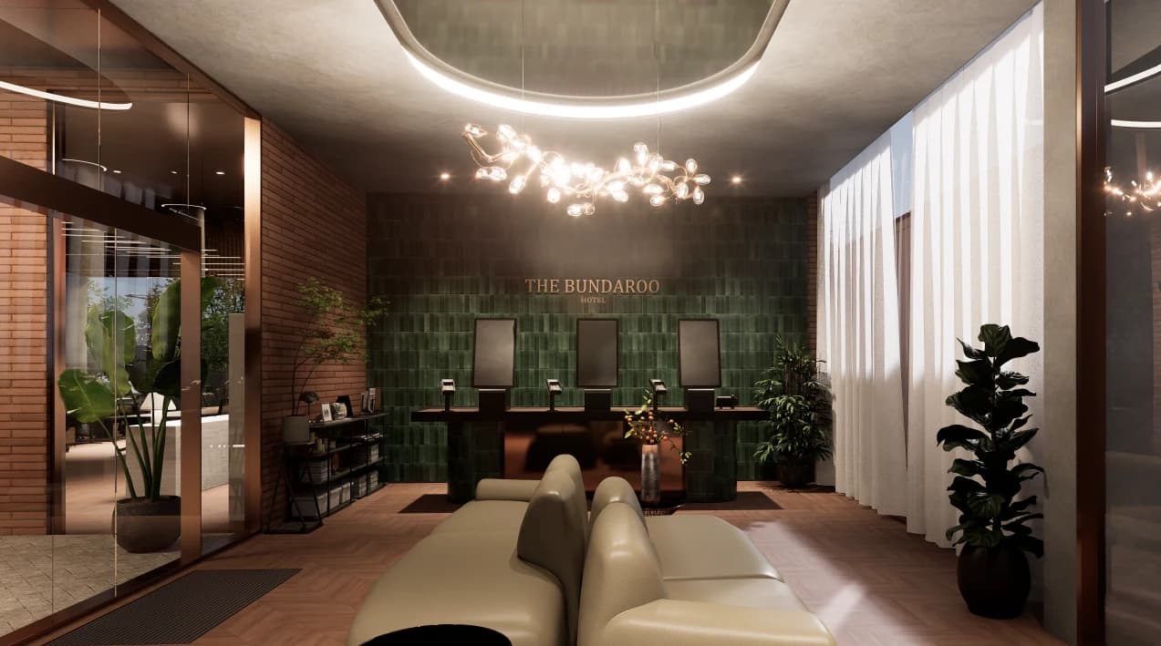 Lobby and guest arrival render for the proposed 9 Bundaroo Street hotel