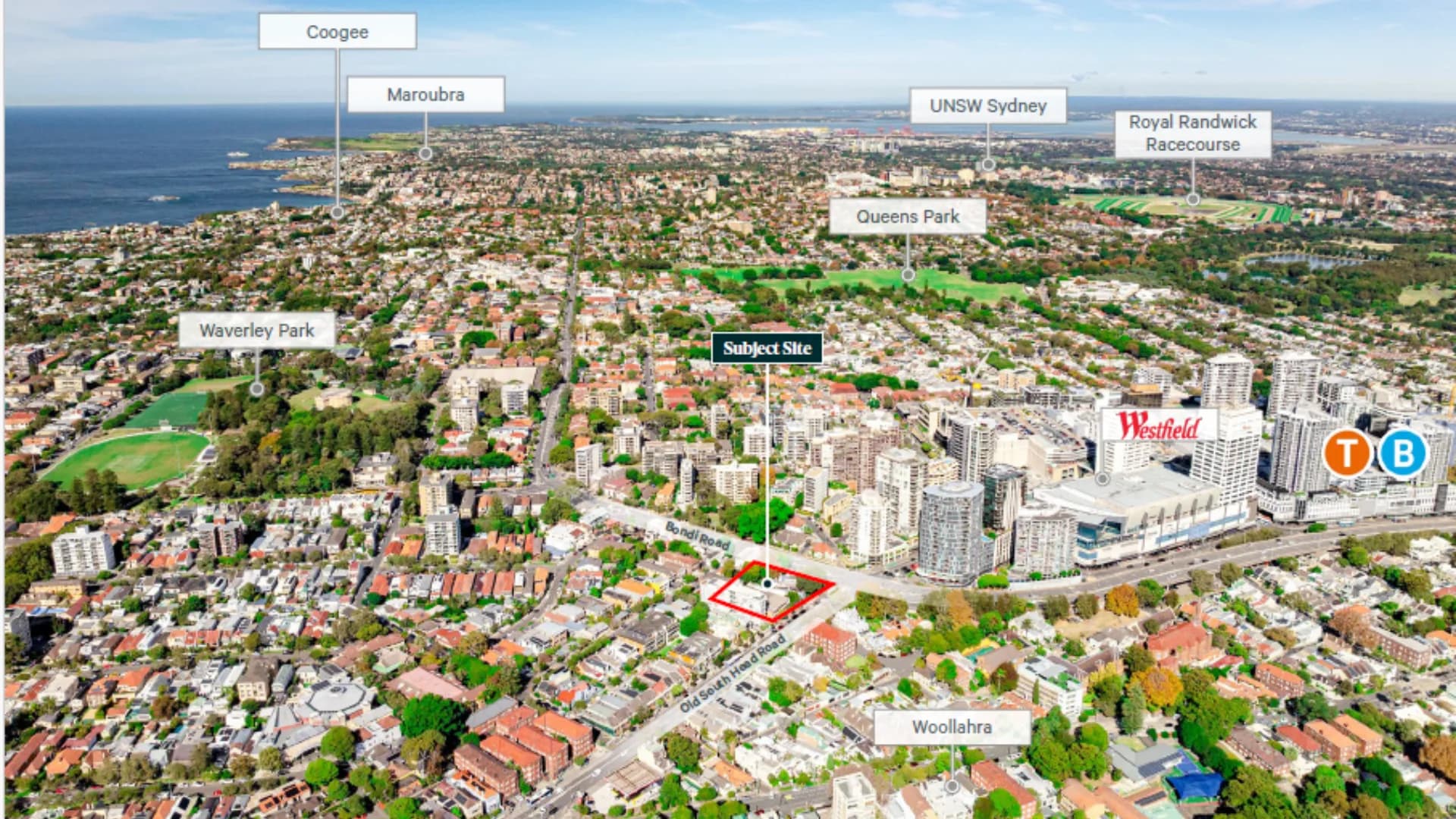 Wider aerial view showing the Bondi Junction site's position relative to Westfield, Bondi Road and Old South Head Road