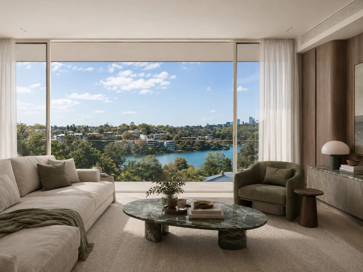 Interior living space render with a district water view, Hunters Hill