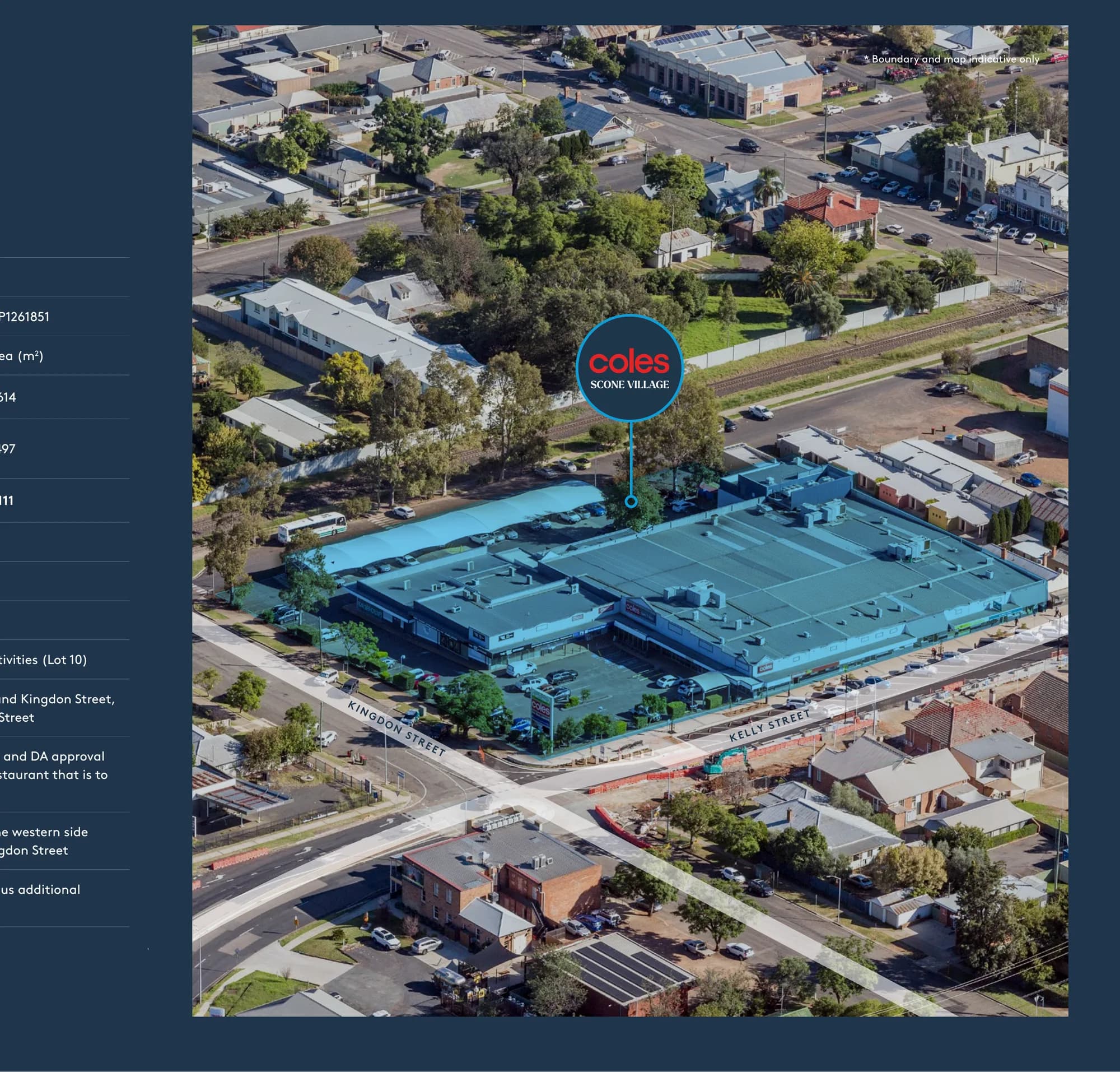 Labelled aerial showing Scone Village's site boundary, Kelly Street and Kingdon Street